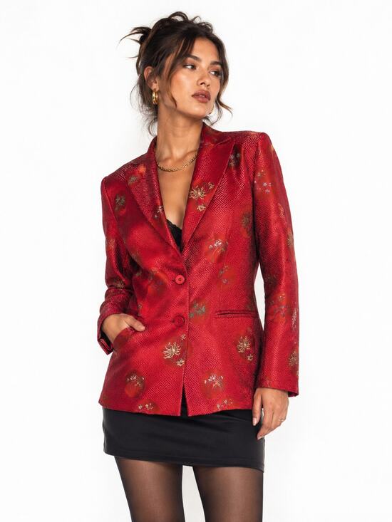 Vintage Jackets & Blazers - Y2K Asian Inspired Silk Blend Chinoiserie Floral Brocade Blazer Womens Size 10
